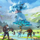 Vikings stand in a large field, near a big tree, looking at a huge ice giant.
